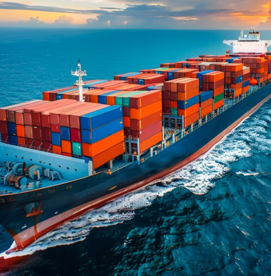 Container ship at sea with stacked containers