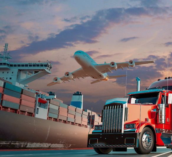 Cargo aircraft above a truck and container vessel at a port