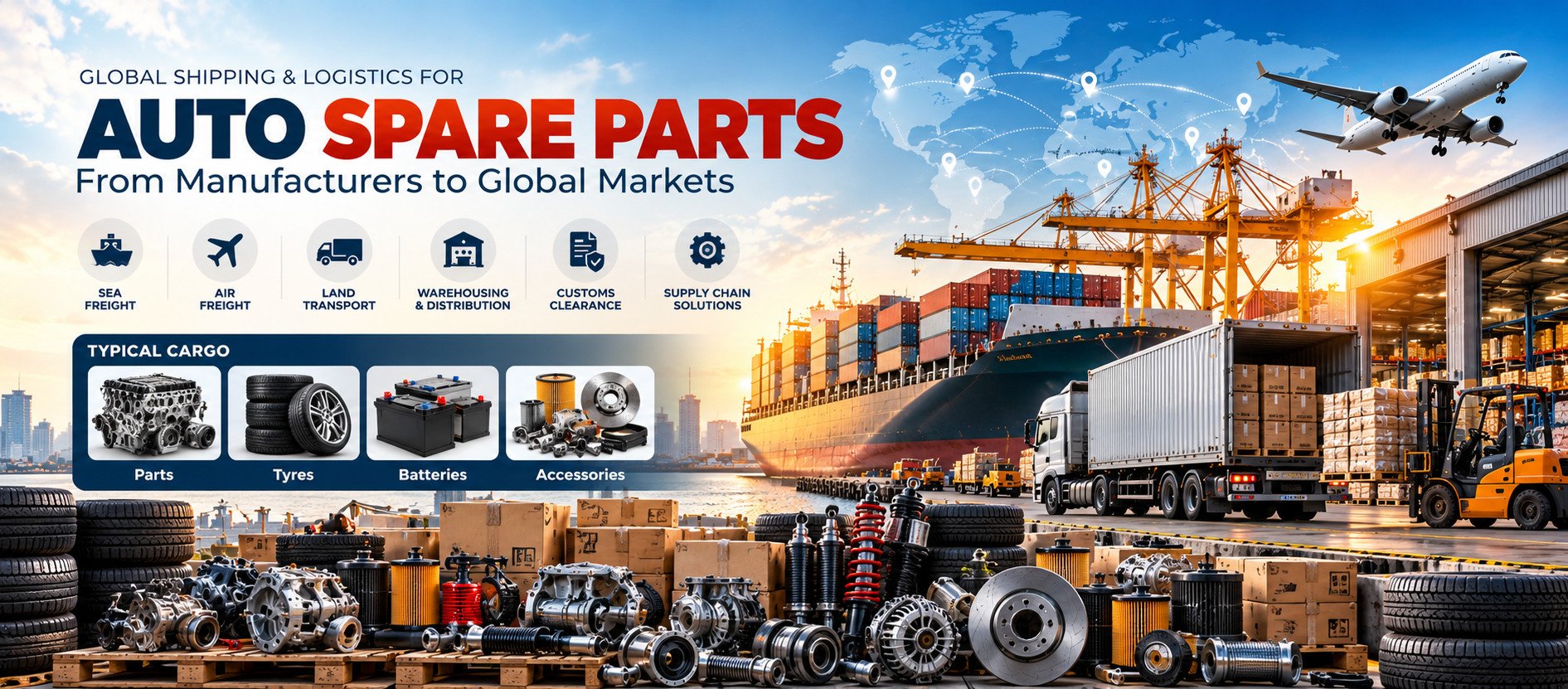 Global shipping and logistics for auto spare parts: sea freight, air freight, land transport, warehousing and customs clearance. Typical cargo: parts, tyres, batteries and accessories.