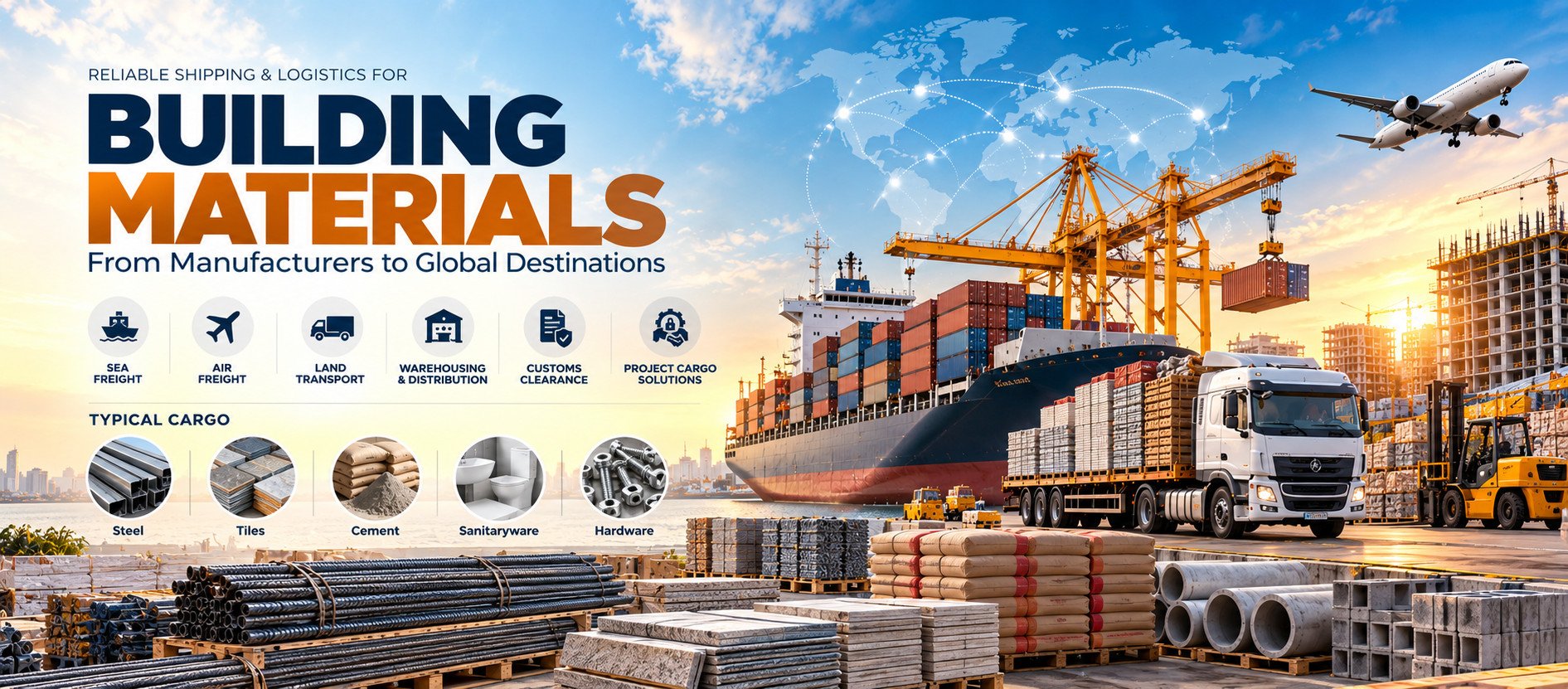 Global shipping and logistics for building materials: sea freight, air freight, land transport, warehousing and customs clearance. Typical cargo: steel, tiles, cement, sanitaryware and hardware.