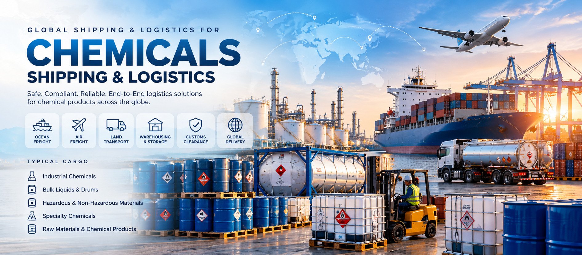 Global shipping and logistics for chemicals: sea freight, air freight, land transport, warehousing and customs clearance. Typical cargo: industrial chemicals and related products.