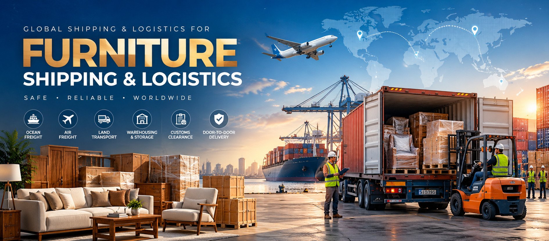 Global shipping and logistics for furniture: sea freight, air freight, land transport, warehousing and customs clearance. Typical cargo: furniture, fittings and home products.