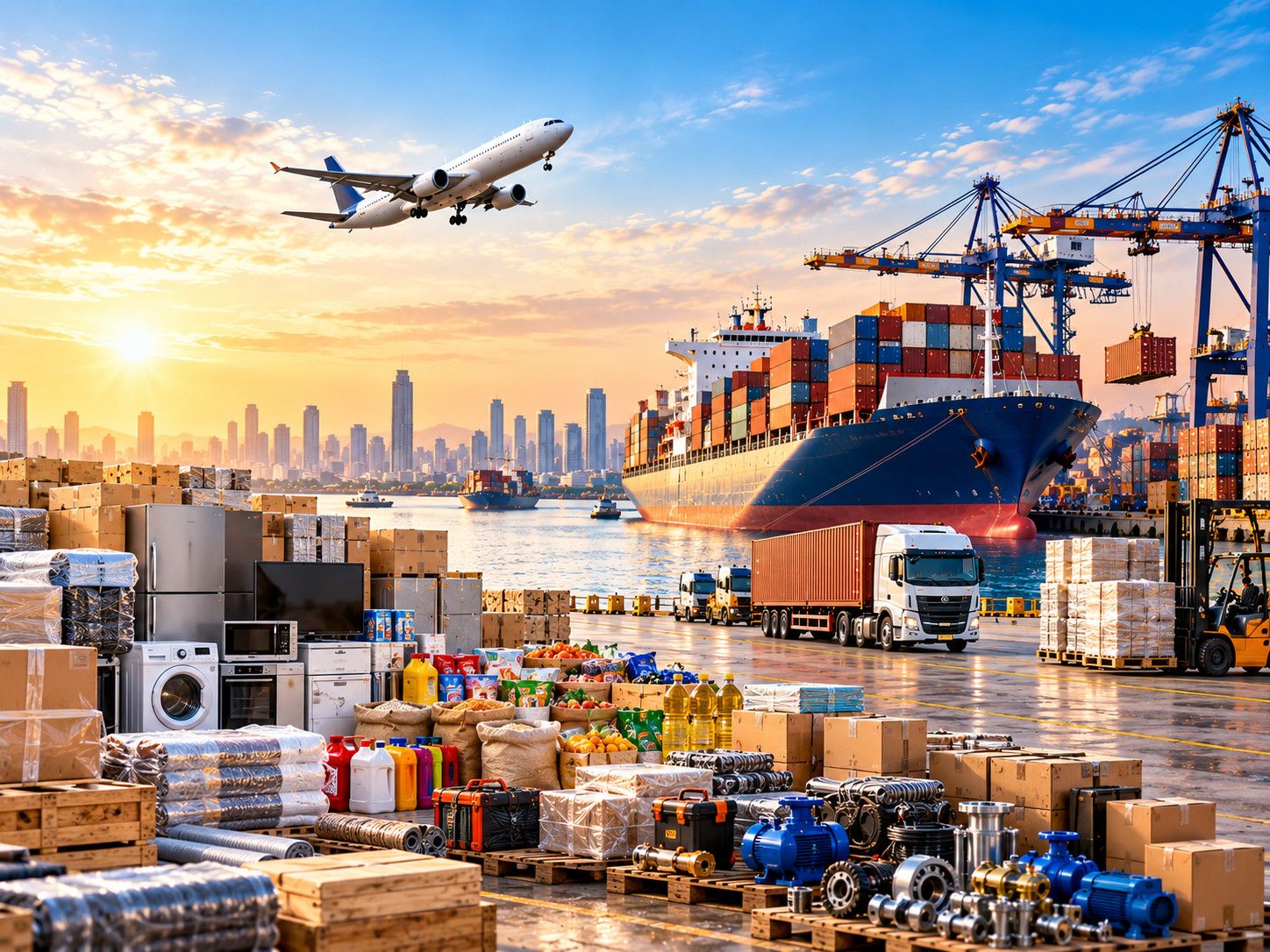 Logistics inspector with a clipboard beside stacked containers, a truck and an aircraft overhead