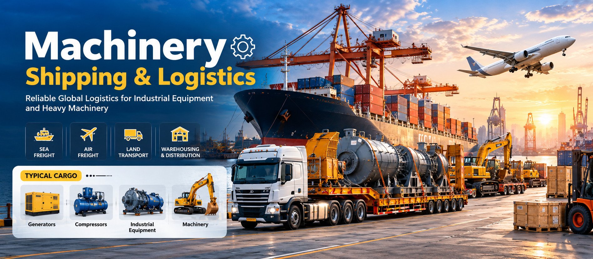 Global shipping and logistics for machinery: sea freight, air freight, land transport, warehousing and customs clearance. Typical cargo: industrial equipment and machinery.