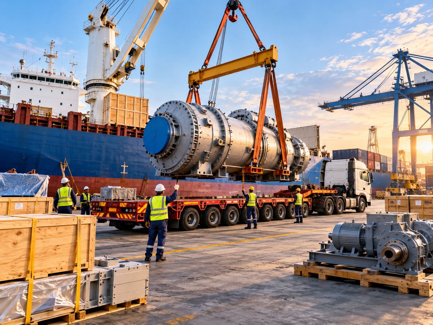 Truck with a container driving through a container terminal at dusk
