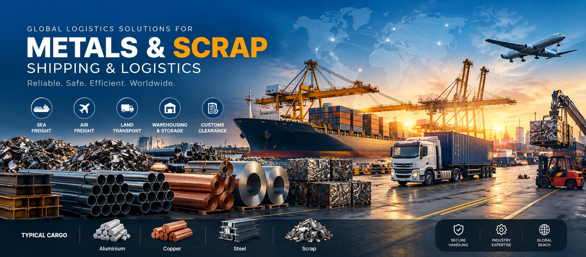 Global shipping and logistics for metals & scrap: sea freight, air freight, land transport, warehousing and customs clearance. Typical cargo: aluminium, copper, steel and scrap.