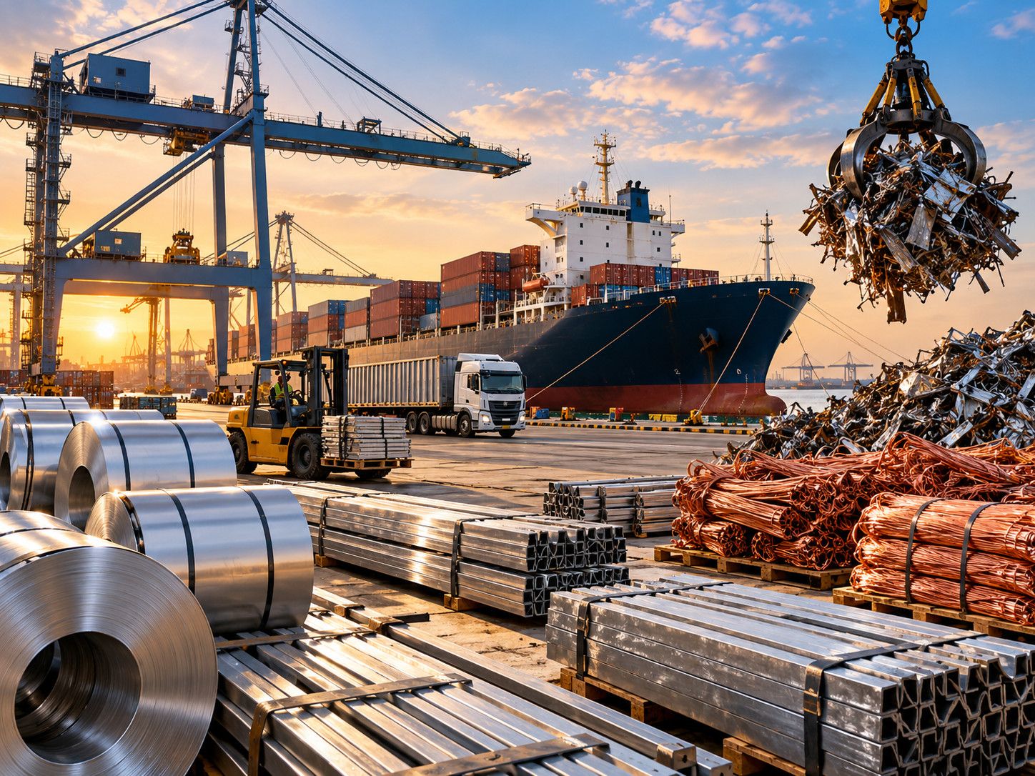 Stacked shipping containers in a port yard with a container handler