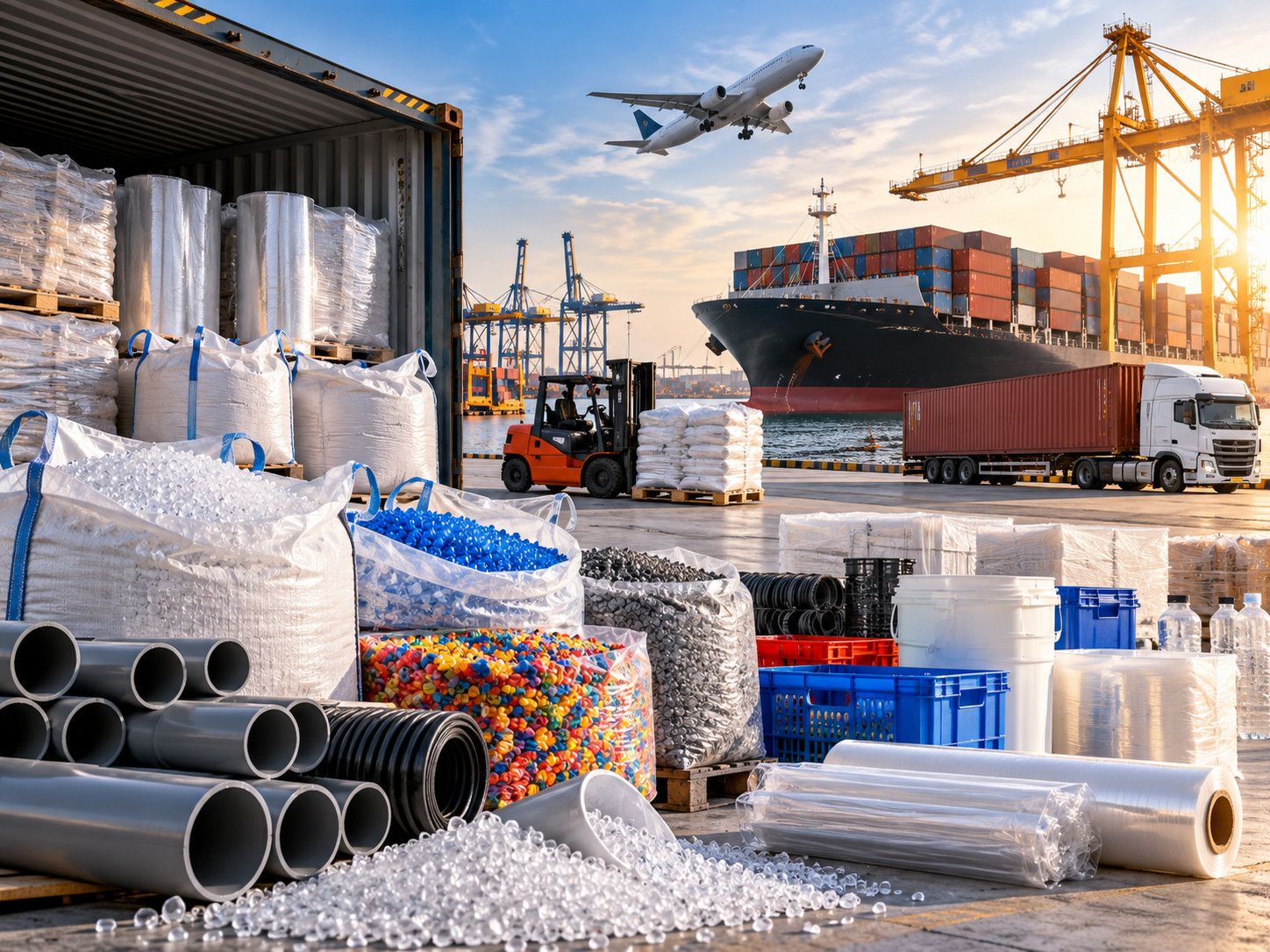 Cargo plane flying over a container ship and a truck on a coastal road