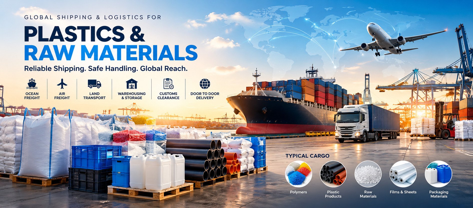 Global shipping and logistics for plastics & raw materials: sea freight, air freight, land transport, warehousing and customs clearance. Typical cargo: polymers, plastic products and raw materials.
