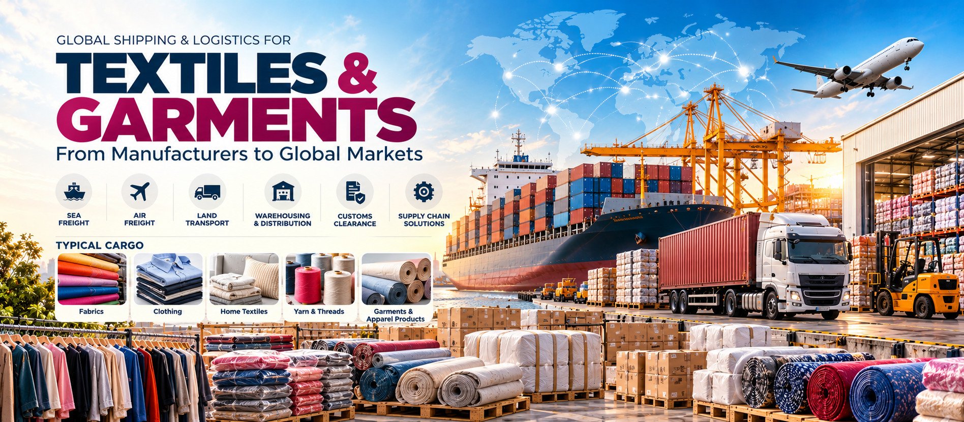 Global shipping and logistics for textiles & garments: sea freight, air freight, land transport, warehousing and customs clearance. Typical cargo: fabrics, clothing and home textiles.